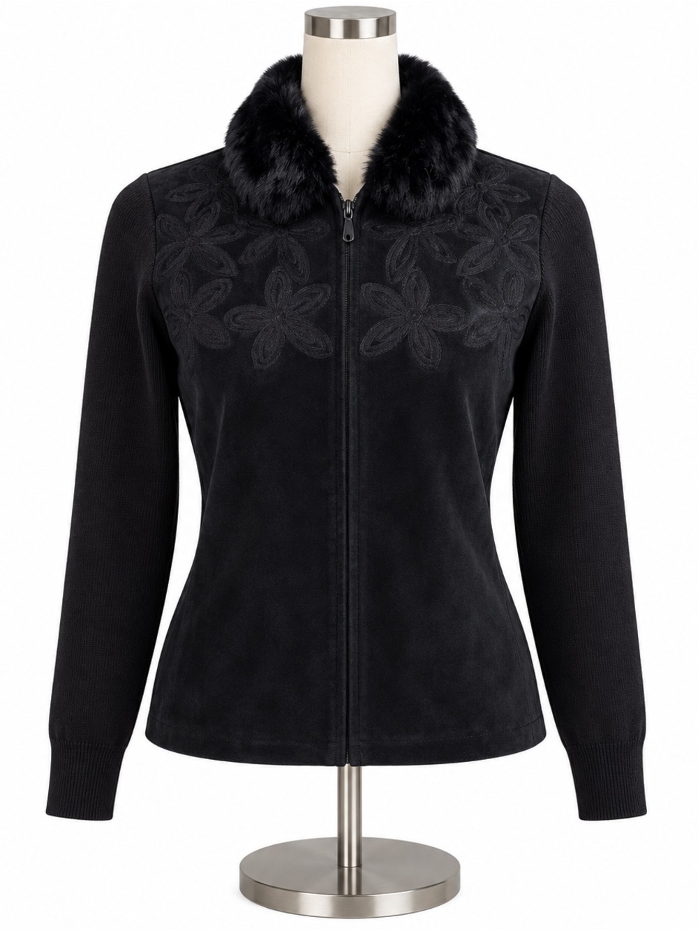 Escapade black suede rabbit fur collar jacket sweater M